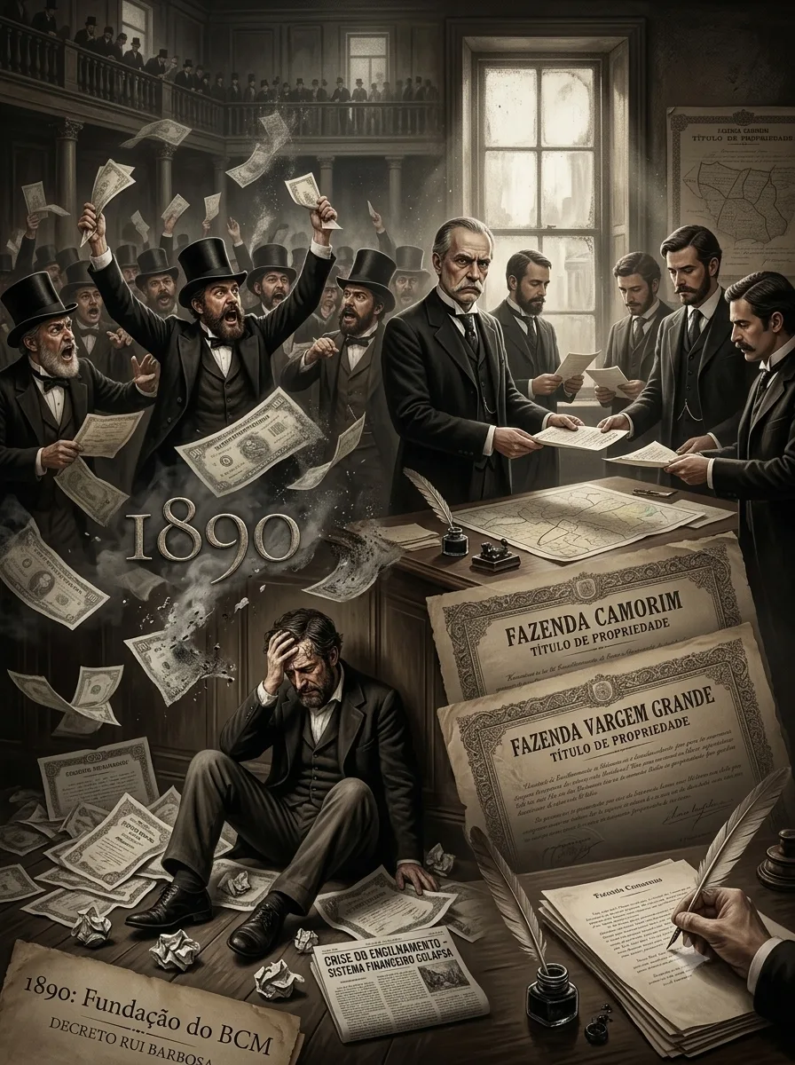 Ilustração do colapso financeiro do Encilhamento: acionistas em pânico com títulos nas mãos e os títulos de propriedade das Fazendas Camorim e Vargem Grande sobre a mesa.