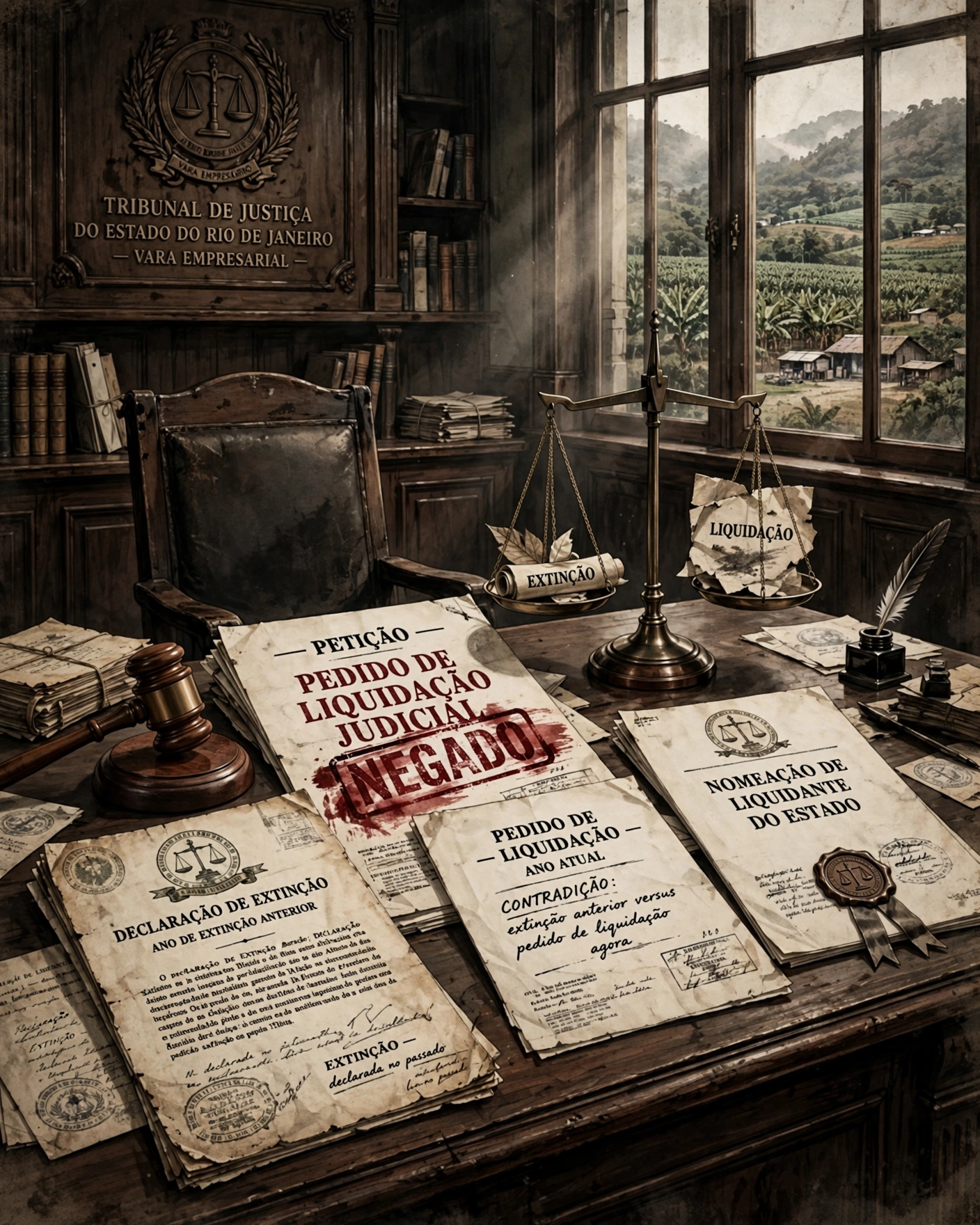 Ilustração da Vara Empresarial do TJRJ: pedido de liquidação judicial carimbado como negado, ao lado da declaração de extinção de 1964 e da nomeação de liquidante do Estado.